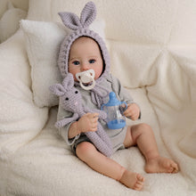 Carica l'immagine nel visualizzatore di Gallery, Pinky Reborn 19 Inch Reborn Baby Dolls Raven  Cozy Bunny Baby Doll with Blue Eyes Gray Hoodie Soft Cloth Body for Hugging (48cm)