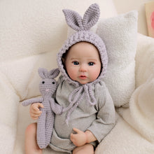 Carica l'immagine nel visualizzatore di Gallery, Pinky Reborn 19 Inch Reborn Baby Dolls Raven  Cozy Bunny Baby Doll with Blue Eyes Gray Hoodie Soft Cloth Body for Hugging (48cm)