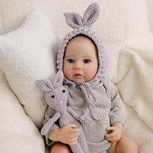 Carica l'immagine nel visualizzatore di Gallery, Pinky Reborn 19 Inch Reborn Baby Dolls Raven  Cozy Bunny Baby Doll with Blue Eyes Gray Hoodie Soft Cloth Body for Hugging (48cm)