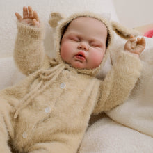Load image into Gallery viewer, Pickle Twins 19" Reborn Doll Brothers Set One Awake in Bear Hoodie, One Sleeping in Lamb Onesie Hand-Painted Collectible Dolls