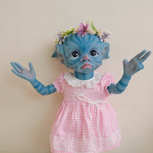 Laden Sie das Bild in den Galerie-Viewer, TINKY Avatar 17inch Fantasy Vinyl Reborn Doll with Elf Ears & Blue Eyes | Hand-Painted Head, 4 Fingers | Choose Pink or Blue Dress
