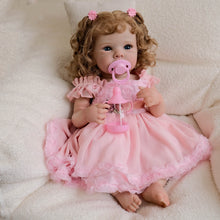 Carregar imagem no visualizador da galeria, Bettie 18inch Full Vinyl Reborn Baby Doll with Rooted Hair & Blue Eyes Realistic Babydolls Open Eyes | Pink Dress