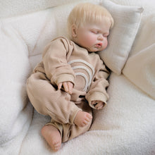 Load image into Gallery viewer, 19-Inch "Pickle" Reborn Baby Doll with Blonde Hair - Soft Body Eyes Closed, Wearable Khaki Onesie, Cuddly & Realistic Collectible