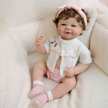Load image into Gallery viewer, 19inch Reborn Baby Girl Vivienne - Full Vinyl Body with Rooted Brown Curls Blue Eyes, Embroidered White Top
