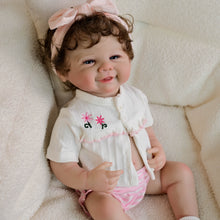 Load image into Gallery viewer, 19inch Reborn Baby Girl Vivienne - Full Vinyl Body with Rooted Brown Curls Blue Eyes, Embroidered White Top