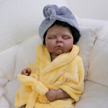 画像をギャラリービューアに読み込む, 20-Inch Realistic Black Reborn Baby Girl Doll | Full Vinyl Sleeping Newborn with Curly Black Hair & Yellow Sleep Gown | Lifelike Skin Touch, Poseable Limbs, Eyes Closed