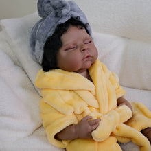 画像をギャラリービューアに読み込む, 20-Inch Realistic Black Reborn Baby Girl Doll | Full Vinyl Sleeping Newborn with Curly Black Hair & Yellow Sleep Gown | Lifelike Skin Touch, Poseable Limbs, Eyes Closed