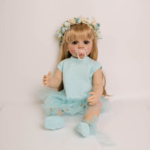 Cargar imagen en el visor de la galería, 22-inch Realistic Girl Doll Betty - Full Vinyl Body with Removable Blonde Wig & Sparkling Blue Eyes in Sky Blue Knit Dress (55cm)