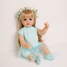 Cargar imagen en el visor de la galería, 22-inch Realistic Girl Doll Betty - Full Vinyl Body with Removable Blonde Wig & Sparkling Blue Eyes in Sky Blue Knit Dress (55cm)