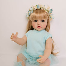Cargar imagen en el visor de la galería, 22-inch Realistic Girl Doll Betty - Full Vinyl Body with Removable Blonde Wig & Sparkling Blue Eyes in Sky Blue Knit Dress (55cm)