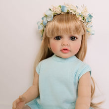 Cargar imagen en el visor de la galería, 22-inch Realistic Girl Doll Betty - Full Vinyl Body with Removable Blonde Wig & Sparkling Blue Eyes in Sky Blue Knit Dress (55cm)