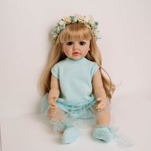 Cargar imagen en el visor de la galería, 22-inch Realistic Girl Doll Betty - Full Vinyl Body with Removable Blonde Wig & Sparkling Blue Eyes in Sky Blue Knit Dress (55cm)
