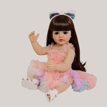 Load image into Gallery viewer, 22 Inch Full Vinyl Reborn Baby Girl "Enchanted Betty" - Brown Eyes, Wig, Rainbow Tulle Tutu Outfit & Cat Ears (Gentle Paint)