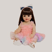 Load image into Gallery viewer, 22 Inch Full Vinyl Reborn Baby Girl "Enchanted Betty" - Brown Eyes, Wig, Rainbow Tulle Tutu Outfit & Cat Ears (Gentle Paint)