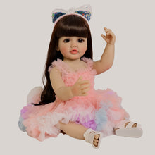 Load image into Gallery viewer, 22 Inch Full Vinyl Reborn Baby Girl "Enchanted Betty" - Brown Eyes, Wig, Rainbow Tulle Tutu Outfit & Cat Ears (Gentle Paint)