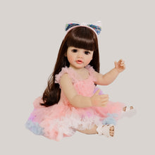 Load image into Gallery viewer, 22 Inch Full Vinyl Reborn Baby Girl "Enchanted Betty" - Brown Eyes, Wig, Rainbow Tulle Tutu Outfit & Cat Ears (Gentle Paint)