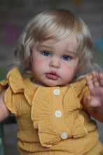 Load image into Gallery viewer, 24 Inch Fabric Body Reborn Baby Doll - Golden Haired Ellie in Yellow Gauze Flutter Sleeve Outfit, Blue Eyes