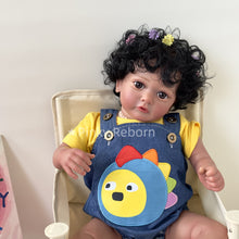 Load image into Gallery viewer, 23" 58cm Cloth Body Doll with Full Arms & Legs - Ayana Africa-American Reborn Black Planted Hair Black Curly Hair with Red Bowknot Dinosaur Suspender Pants