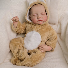 Cargar imagen en el visor de la galería, 19 inch 45cm Hand-Painted Art Reborn Baby Doll Levi Cloth Body Taupe Painted Hair + Bear-Ears Footed Romper