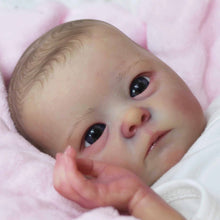 Cargar imagen en el visor de la galería, Hand-Painted Head Reborn Baby Doll 16 inch 40cm with Blue Eyes, Blonde Hair, Pink Long-Sleeve Romper, Cloth Body & Full Limbs