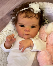 画像をギャラリービューアに読み込む, Bettie 18-Inch Realistic Reborn Baby Doll Gift Set with Open Blue Eyes - Lifelike Black Curly Hair, Vinyl Head & Limbs, Magnetic Pacifier, Bottle & Birth Certificate Included