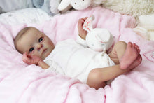 Cargar imagen en el visor de la galería, Hand-Painted Head Reborn Baby Doll 16 inch 40cm with Blue Eyes, Blonde Hair, Pink Long-Sleeve Romper, Cloth Body & Full Limbs