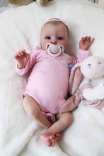 Cargar imagen en el visor de la galería, Hand-Painted Head Reborn Baby Doll 16 inch 40cm with Blue Eyes, Blonde Hair, Pink Long-Sleeve Romper, Cloth Body & Full Limbs
