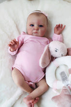 Cargar imagen en el visor de la galería, Hand-Painted Head Reborn Baby Doll 16 inch 40cm with Blue Eyes, Blonde Hair, Pink Long-Sleeve Romper, Cloth Body & Full Limbs