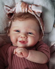 Load image into Gallery viewer, Vivienne 19-Inch Smiling Reborn Baby Doll with Brown Curly Hair & Blue Eyes | Choose Soft Body or Waterproof Full Vinyl Girl Doll | Includes Magnetic Pacifier, Bottle, Outfit & Birth Certificate