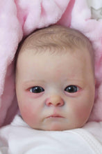 Cargar imagen en el visor de la galería, Hand-Painted Head Reborn Baby Doll 16 inch 40cm with Blue Eyes, Blonde Hair, Pink Long-Sleeve Romper, Cloth Body & Full Limbs