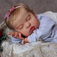 Carica l'immagine nel visualizzatore di Gallery, 19" Sleeping Reborn Baby Doll Teddy - Rooted Blonde Hair, Heather Gray Footed Sleeper + Floral Headband, Eyes Closed