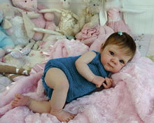 Загрузить изображение в средство просмотра галереи, Bettie 18"  Cloth Body Doll in Sleeveless Blue Knit Sweater & Matching Hat  Rooted Chestnut Brown Hair Glass-Look Blue Eyes Collector Art Doll