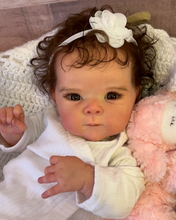 画像をギャラリービューアに読み込む, Bettie 18-Inch Realistic Reborn Baby Doll Gift Set with Open Blue Eyes - Lifelike Black Curly Hair, Vinyl Head & Limbs, Magnetic Pacifier, Bottle & Birth Certificate Included