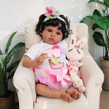 Carregar imagem no visualizador da galeria, 20-Inch Realistic Dark-Skinned Silicone Doll with Black Short Curly Hair - Premium Polyester Fiber-Filled Body for Lifelike Display & Collectibles