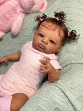 Cargar imagen en el visor de la galería, 20 Inch Lanny Cloth Body Doll - Brown Skin with Rooted Curly Braids, Sparkling Brown Eyes in Pink Romper & Tights, High-Definition Makeup