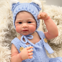 Cargar imagen en el visor de la galería, 17 inch Adorable Realistic Vinyl Reborn Baby Dolls Blue Knitted Sweater for Children Awake Premium Painted And Brown Eyes