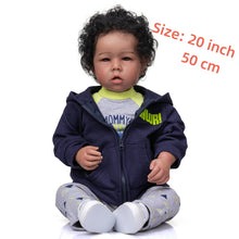 Load image into Gallery viewer, Lifelike Reborn Baby Doll with Soft Cloth Body - 20-Inch (50cm) Realistic Newborn Boy Doll with Implanted Black Curly Hair &amp; Blue Eyes, Includes Outfit and Gift Box for Kids
