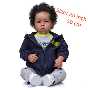 Lifelike Reborn Baby Doll with Soft Cloth Body - 20-Inch (50cm) Realistic Newborn Boy Doll with Implanted Black Curly Hair & Blue Eyes, Includes Outfit and Gift Box for Kids