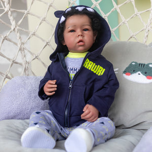 Lifelike Reborn Baby Doll with Soft Cloth Body - 20-Inch (50cm) Realistic Newborn Boy Doll with Implanted Black Curly Hair & Blue Eyes, Includes Outfit and Gift Box for Kids