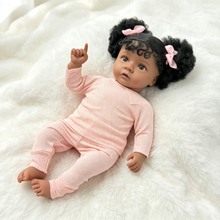 Carregar imagem no visualizador da galeria, 20" African American Reborn Baby Doll | Realistic Black Silicone Newborn with Curly Pigtails | Pink Ribbed Long-Sleeve Outfit | Lifelike Toddler Gift for Kids
