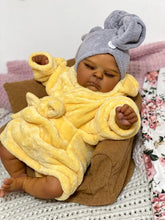 画像をギャラリービューアに読み込む, 20-Inch Realistic Black Reborn Baby Girl Doll | Full Vinyl Sleeping Newborn with Curly Black Hair &amp; Yellow Sleep Gown | Lifelike Skin Touch, Poseable Limbs, Eyes Closed

