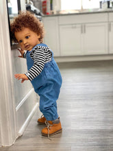 Cargar imagen en el visor de la galería, 26&quot; Deep Skin Baby Doll with Implanted Brown Afro &amp; 3D Eyes - Denim Overalls w/ Black-White Striped Lining - Realistic Pippa
