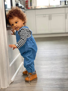 26" Deep Skin Baby Doll with Implanted Brown Afro & 3D Eyes - Denim Overalls w/ Black-White Striped Lining - Realistic Pippa
