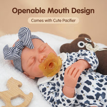 Carica l'immagine nel visualizzatore di Gallery, 12.6" Sleeping Weighted Reborn Silicone Baby Doll | 2.4 lbs (1.1kg) Lifelike Size &amp; Weight | Openable Mouth for Feeding &amp; Pacifier | Premium Platinum Silicone | Cow Print Romper &amp; Striped Bow
