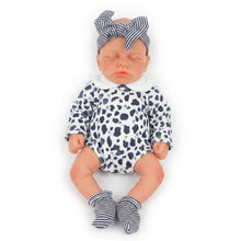 Carica l'immagine nel visualizzatore di Gallery, 12.6" Sleeping Weighted Reborn Silicone Baby Doll | 2.4 lbs (1.1kg) Lifelike Size &amp; Weight | Openable Mouth for Feeding &amp; Pacifier | Premium Platinum Silicone | Cow Print Romper &amp; Striped Bow
