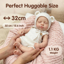 Carica l'immagine nel visualizzatore di Gallery, 12.6" Lifelike Sleeping Silicone Baby Doll | 1.1KG Weighted Perfect Huggable Size | Open Mouth Design for Feeding &amp; Pacifier | Platinum Silicone | White Knit Bear-Ear Outfit
