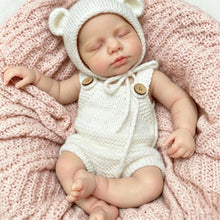 Carica l'immagine nel visualizzatore di Gallery, 12.6" Lifelike Sleeping Silicone Baby Doll | 1.1KG Weighted Perfect Huggable Size | Open Mouth Design for Feeding &amp; Pacifier | Platinum Silicone | White Knit Bear-Ear Outfit
