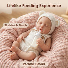 Carica l'immagine nel visualizzatore di Gallery, 12.6" Lifelike Sleeping Silicone Baby Doll | 1.1KG Weighted Perfect Huggable Size | Open Mouth Design for Feeding &amp; Pacifier | Platinum Silicone | White Knit Bear-Ear Outfit

