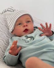 Load image into Gallery viewer, 20 Inch Open Eyes Reborn Baby Doll Hand-Painted Vinyl Head &amp; Limbs Soft Cloth Body with Dinosaur Outfit Hat Magnetic Pacifier Realistic Newborn Doll
