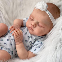 Carica l&#39;immagine nel visualizzatore di Gallery, Irys 19-inch Hand-Painted Reborn Baby Doll in Purple Floral Romper with Pacifier | Lifelike Sleeping Eyes, Soft Body | Christmas &amp; Birthday Gift
